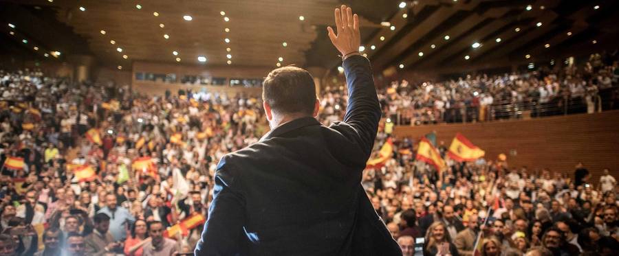 Santiago Abascal, the leader of Spain's far-right-wing party Vox, arrives at a rally at Palacio de Congresos on April 17, 2019, in Granada, Spain.