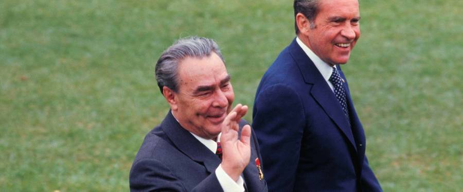 President Nixon walks with Soviet Leader Leonid Brezhnev during welcoming ceremonies for the Russian Communist Party Chief in Washington D.C. in 1973.
