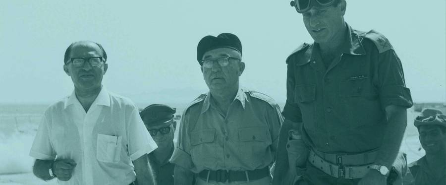 Menachem Begin, Israeli Prime Minister Levi Eshkol and General Yeshayahu Gavish, during the six day war, 1967.