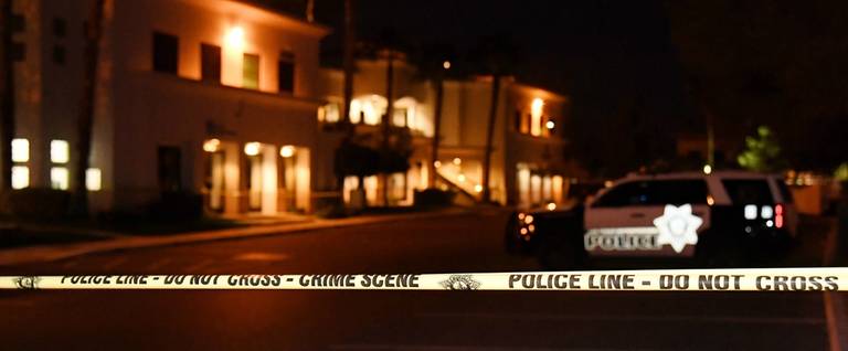 Police tape blocks a parking lot at the Jewish Community Center of Southern Nevada after an employee received a suspicious phone call that led about 10 people to evacuate the building  in Las Vegas, Nevada, February 27, 2017. 