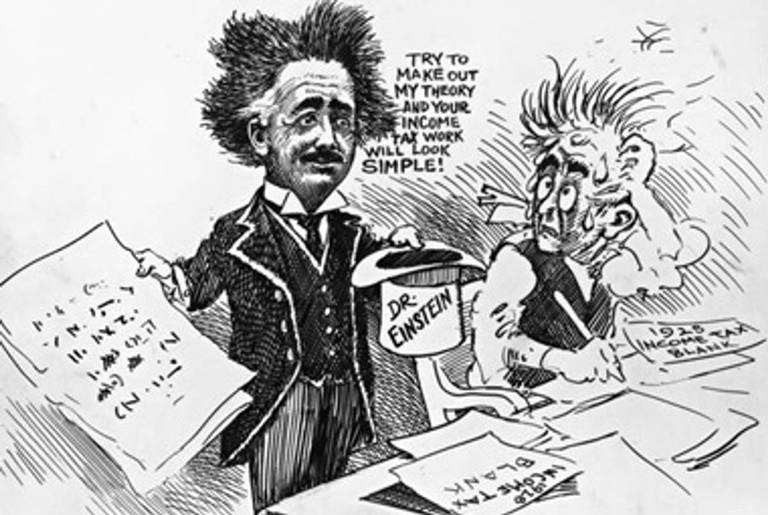 Clifford K. Berryman cartoon of Albert Einstein and a man working on his income tax, 1929.