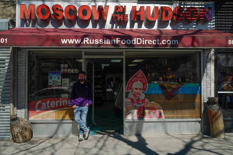 Gleb Gavrilov, owner of Moscow on the Hudson, stands in front of his store in New York on March 16, 2022