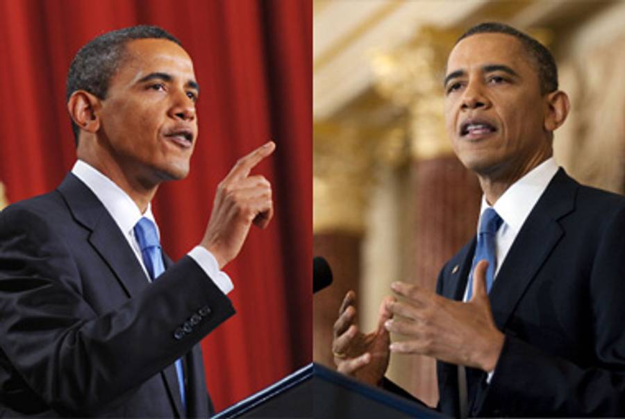 Barack Obama speaking in Cairo, June 4, 2009, and speaking in Washington, May 19, 2011.(Mandel Ngan/AFP/Getty Images; Jim Watson/AFP/Getty Images)