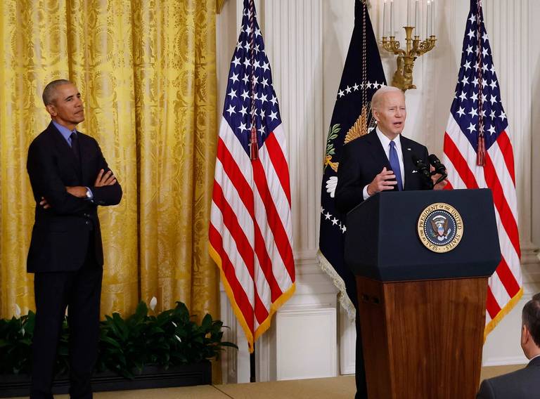 President Joe Biden delivers remarks with former President Barack Obama in the East Room of the White House on April 5, 2022