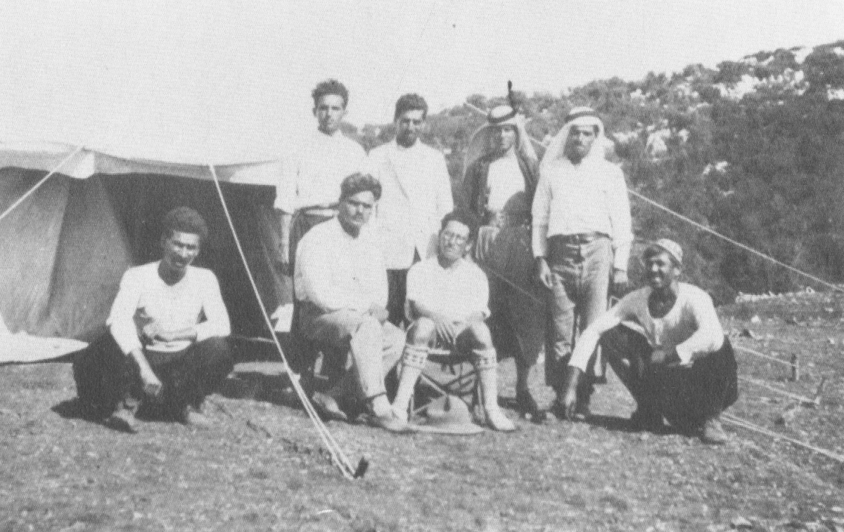 Moshe (Munia) Sharir, front row, third from left, on a land-surveying expedition. Mount Carmel near Haifa, 1930