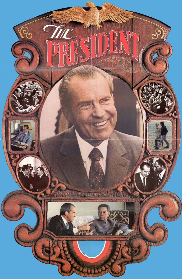 Poster for Republican President Richard M. Nixon’s reelection campaign, showing various scenes from his presidency, 1972