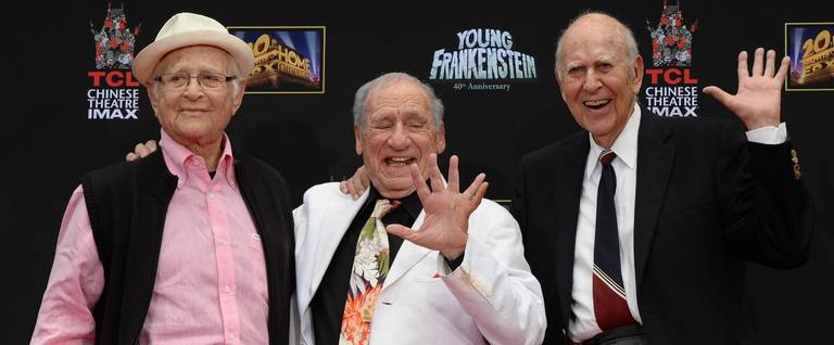 (L-R) Writer Norman Lear, director/actor Mel Brooks and writer Carl Reiner attend the Mel Brooks Hand and Footprint Ceremony on the 40th anniversary of his movie 'Young Frankenstein'', in front of the TCL Chinese Theatre in Hollywood, California, September 8, 2014.