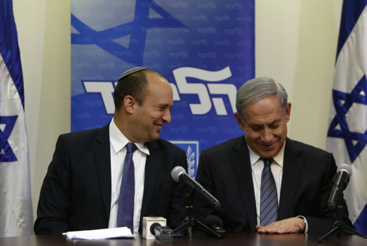 Israeli Prime Minister Benjamin Netanyahu (R) with Naftali Bennett of Jewish Home party.(Gali Tibbon/AFP/Getty Images)