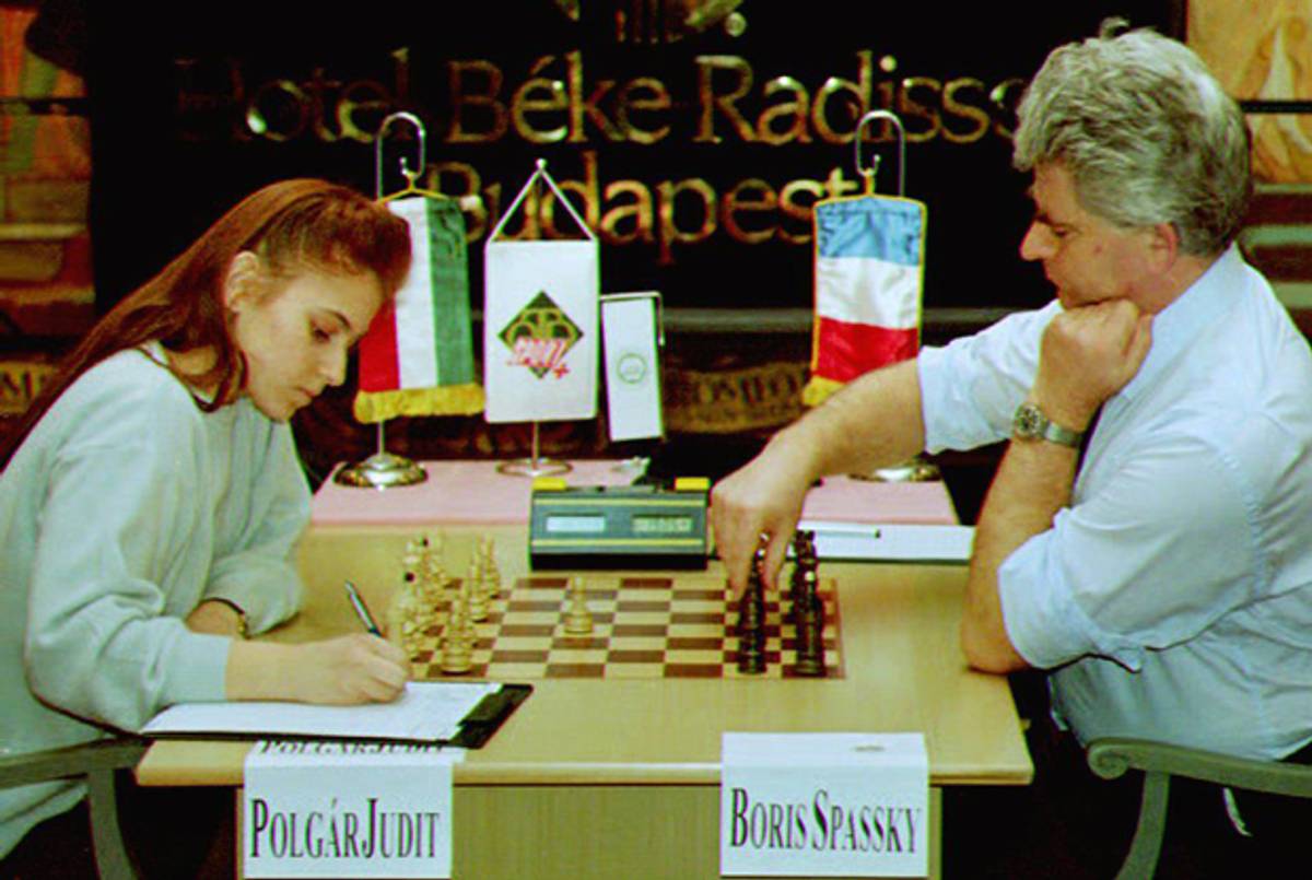 The youngest international chess grand master, 17-year-old Judit Polgar, plays against Russian-born chess champion Boris Spassky on February 16, 1993 in Budapest, Hungary. (ATTILA KISBENEDEK/AFP/Getty Images)