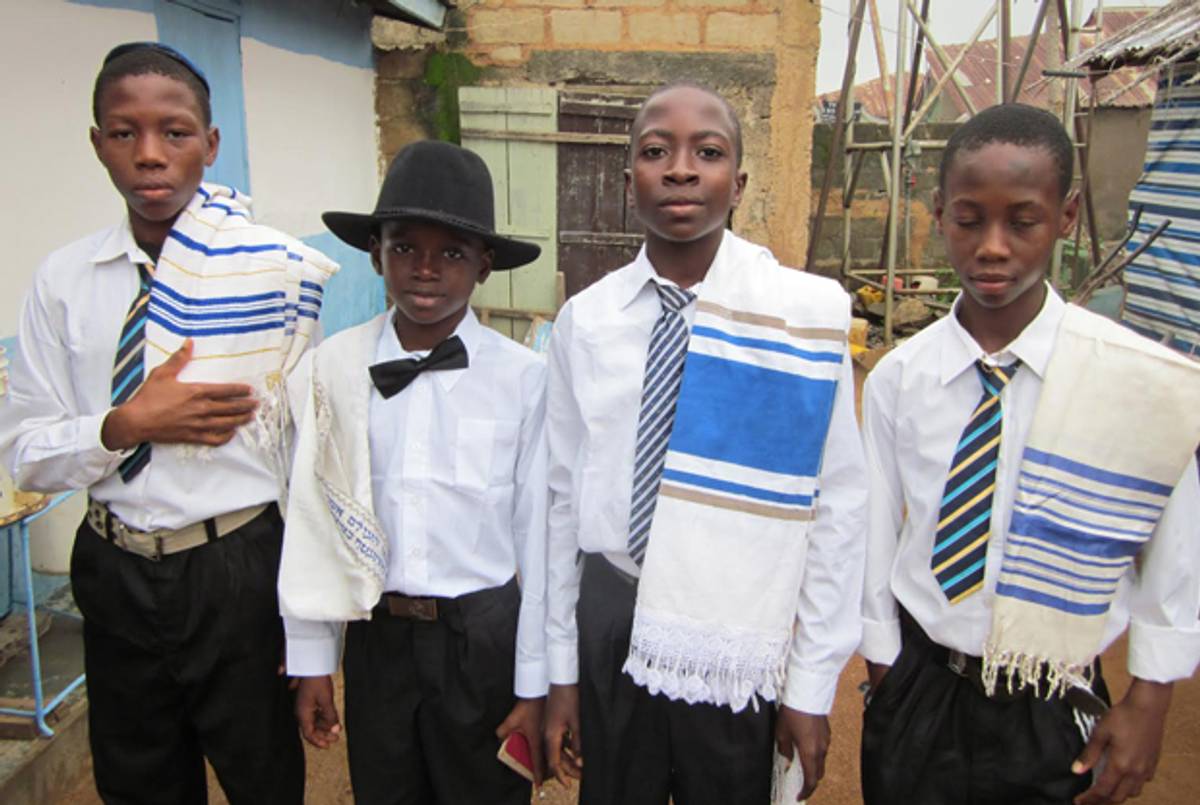 Friends of Hezekiah ben Habakkuk, bar mitzvah boy, in Abuja, Nigeria. (William F.S. Miles)