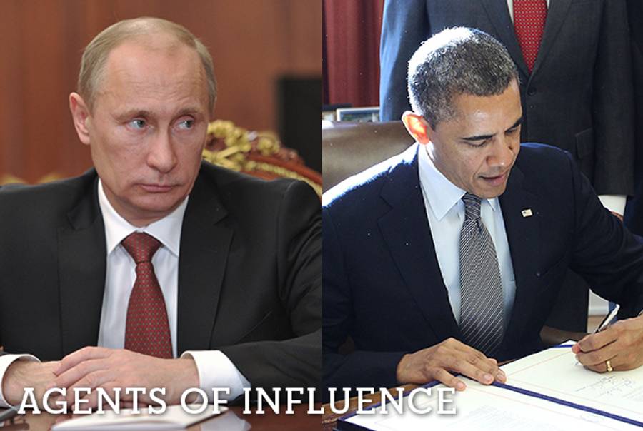 Left: Russia's President Vladimir Putin at the Kremlin on December 28, 2012. Right: U.S. President Barack Obama signs the Russia and Moldova Jackson-Vanik Repeal and Sergei Magnitsky Rule of Law Accountability Act into law at the White House on December 14, 2012.(Left: Alexei Nikolsky/AFP/Getty Images; right: Alex Wong/Getty Images)