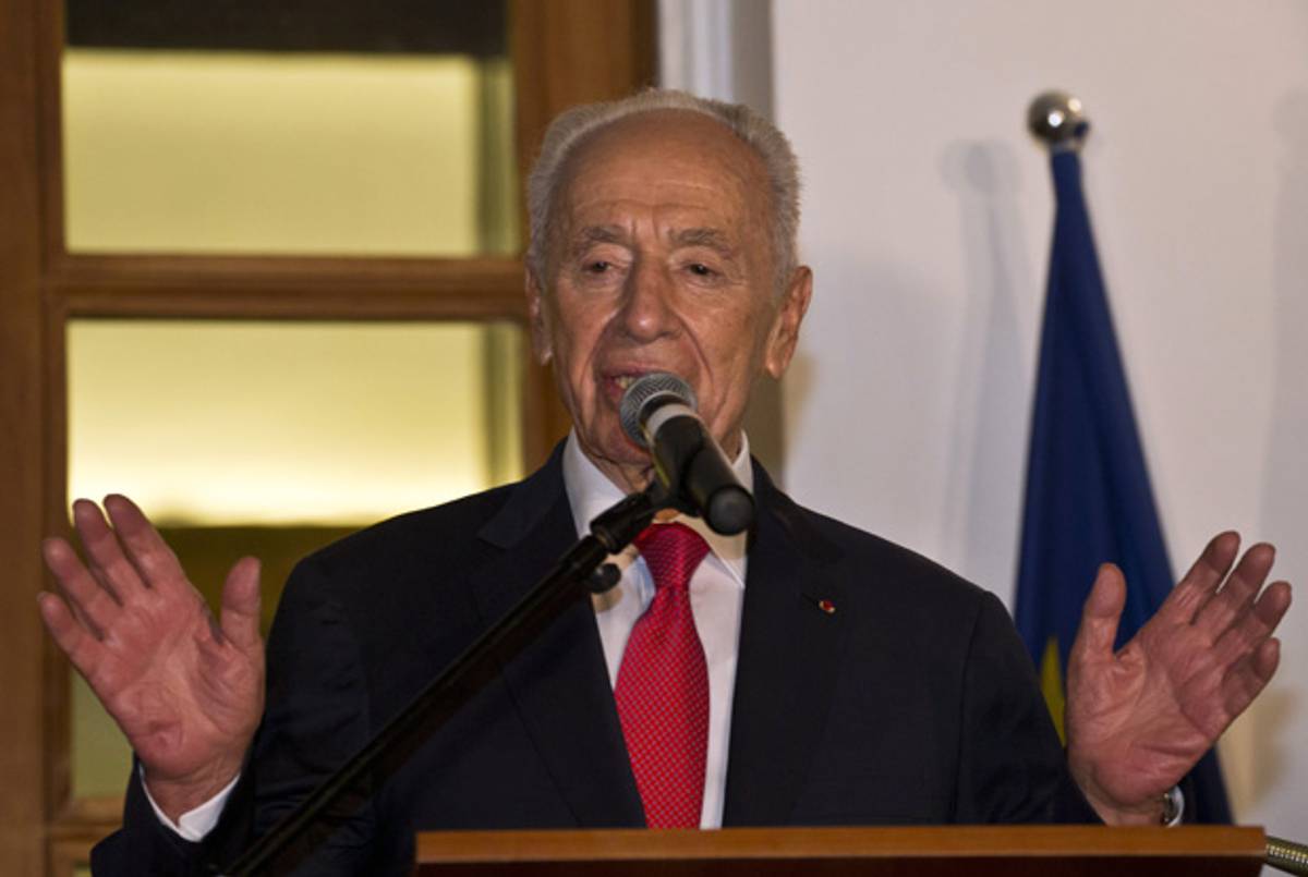 President Peres speaking at the French embassy today.(Jack Guez/AFP/GettyImages)