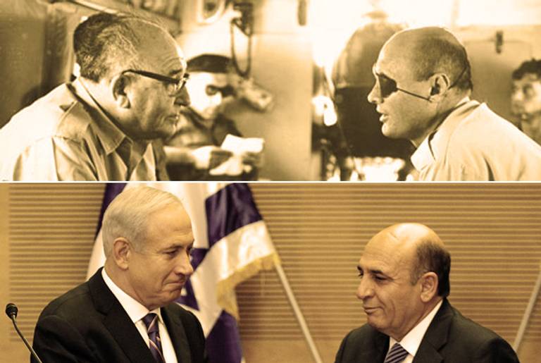 Top: Levi Eshkol and Moshe Dayan touring the West Bank in September 1967. Bottom: Benjamin Netanyahu and Shaul Mofaz during a joint press conference at the Knesset in Jerusalem on May 8, 2012.(Top Israel National Photo Collection; bottom Gali Tibbon/AFP/Getty Images)