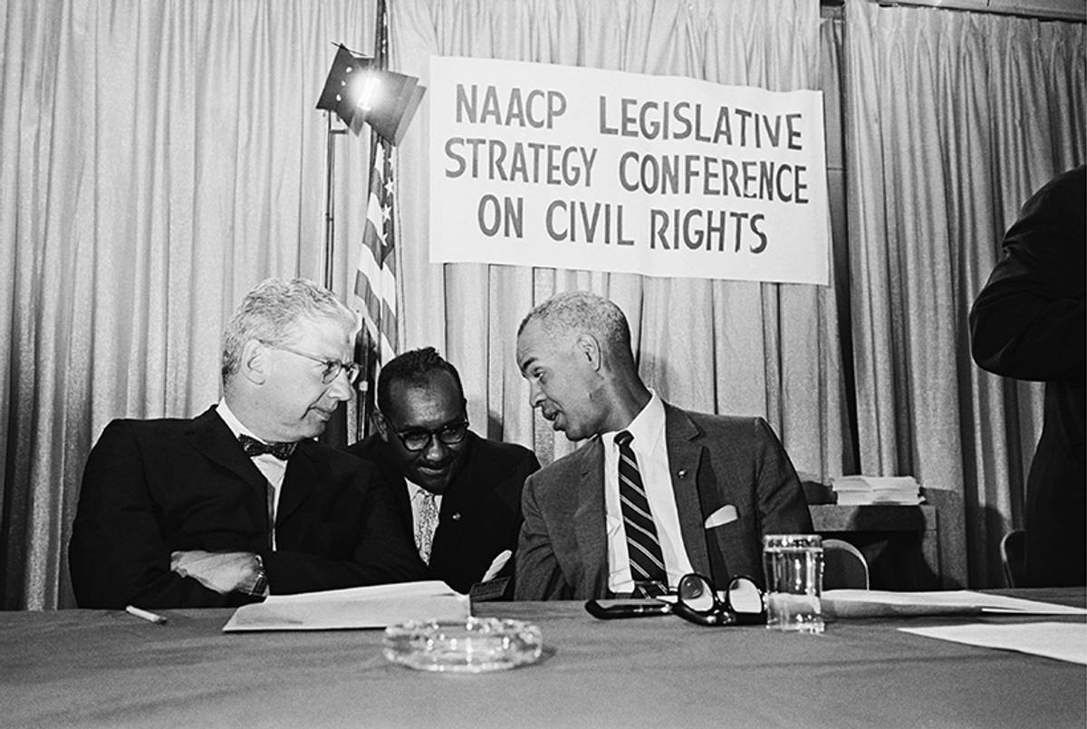 Left to right: Joseph L. Rauh, vice chairman for Civil Rights-Civil Liberties, ADA; Clarence Mitchell, director, Washington chapter, NAACP; and Roy Wilkins, executive secretary, NAACP, attend the NAACP Legislative Strategy Conference on Civil Rights in Washington, D.C., Aug. 6, 1963.(AP)