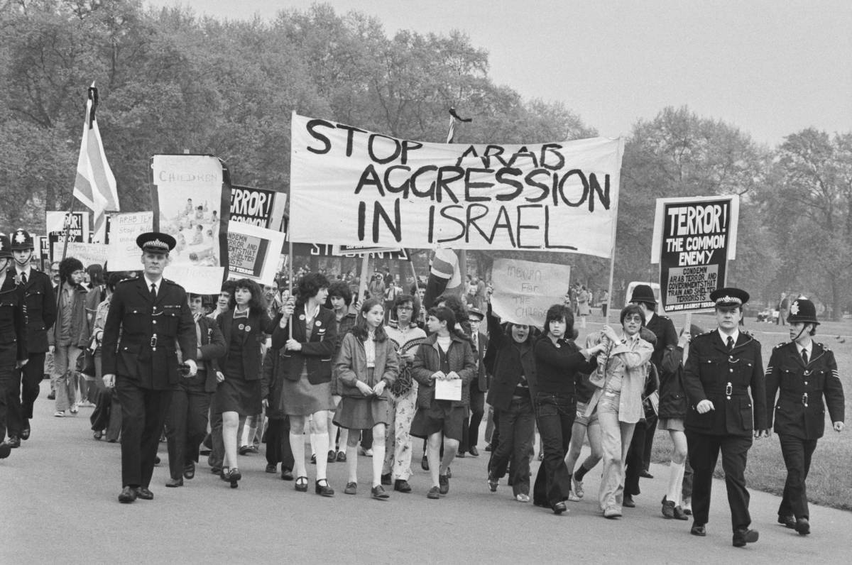 A youth demonstration against Palestinian actions in Israel during the Israeli-Palestinian conflict, London, 1974