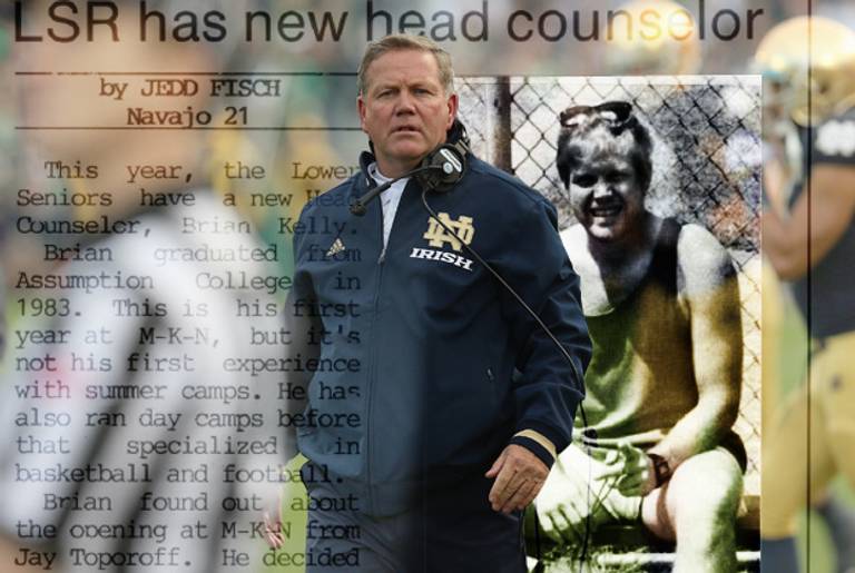 Notre Dame head coach Brian Kelly during a game against the BYU Cougars at Notre Dame Stadium on October 20, 2012, and, at right, as pictured in the July 10, 1987, issue of The Totem, published by Camp Mah-Kee-Nac.(Photoillustration Tablet Magazine, original photos Jonathan Daniel/Getty Images and The Totem)
