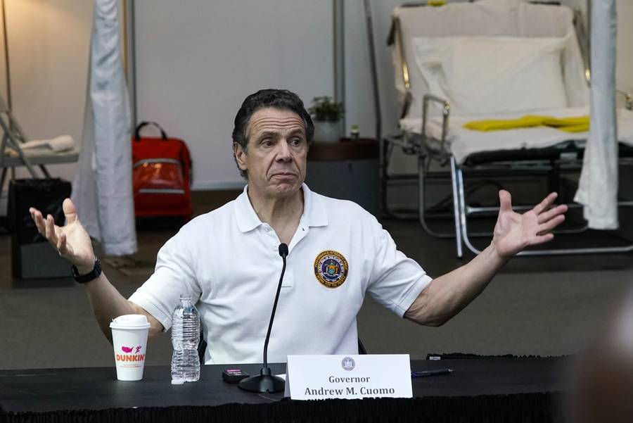Andrew Cuomo gives a daily coronavirus press conference in front of media and National Guard members at the Jacob K. Javits Convention Center in New York City, on March 27, 2020