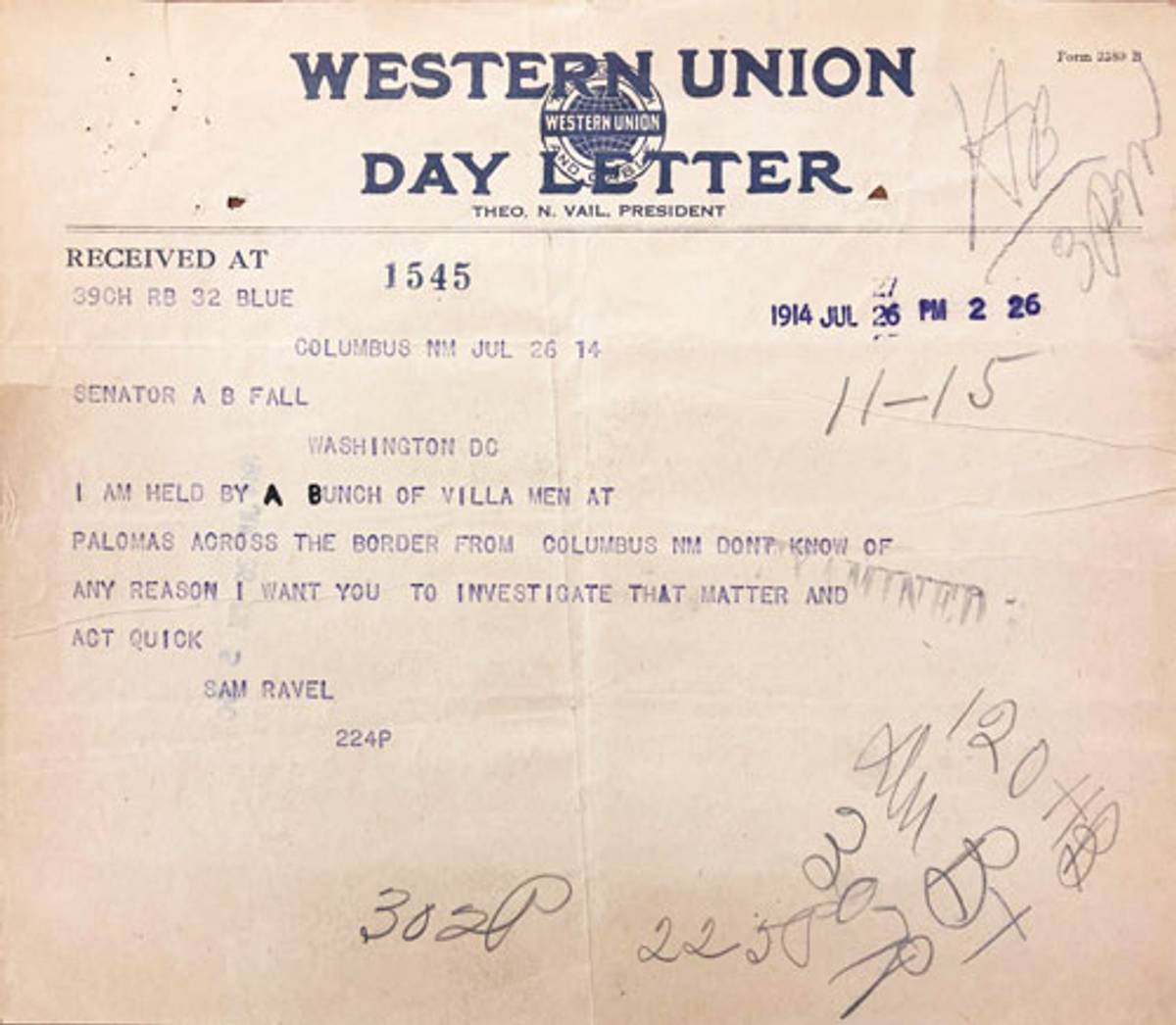 Telegram from Sam Ravel to Sen. Albert B. Fall, July 26, 1914 (Photo courtesy the author)