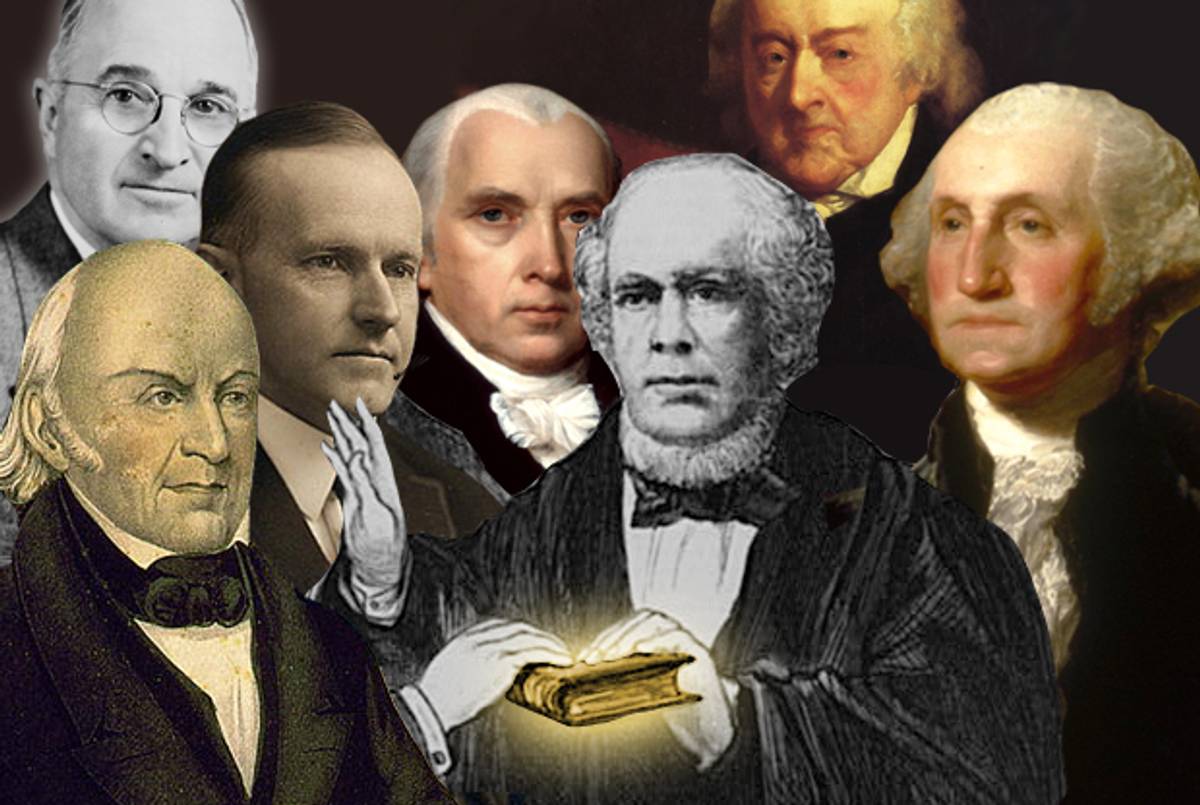 Clockwise from top right: Presidents John Adams, George Washington, Ulysses Grant, James Madison, Calvin Coolidge, John Quincy Adams, and Harry Truman.(Collage Tablet Magazine; original images, clockwise from top right, via Wikimedia Commons, Library of Congress, Wikimedia Commons, and Library of Congress)