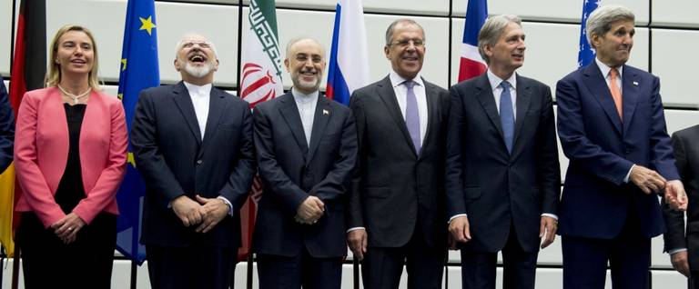 (From left): European Union High Representative for Foreign Affairs and Security Policy Federica Mogherini, Iranian Foreign Minister Mohammad Javad Zarif, Head of the Iranian Atomic Energy Organization Ali Akbar Salehi, Russian Foreign Minister Sergey Lavrov, British Foreign Secretary Philip Hammond and U.S. Secretary of State John Kerry in Vienna, Austria, July 14, 2015. 
