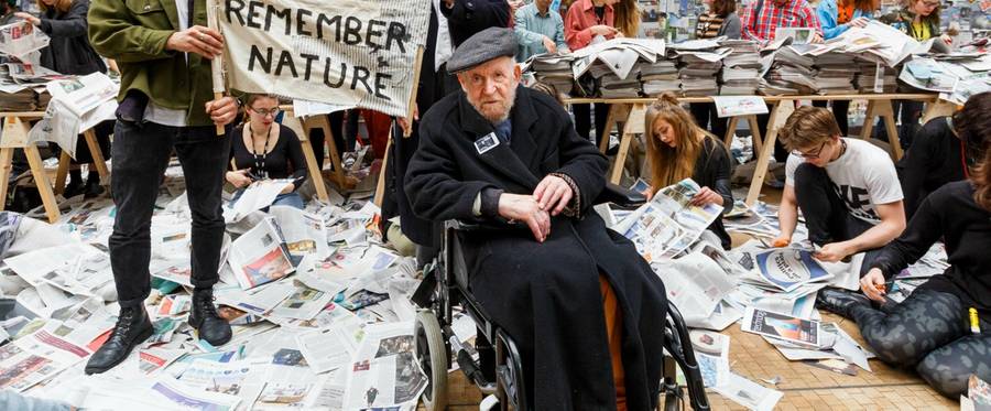 Students from Central Saint Martins respond to Gustav Metzger's worldwide call for a Day of Action to Remember Nature at Central St Martins in London, England, November 4, 2015. 