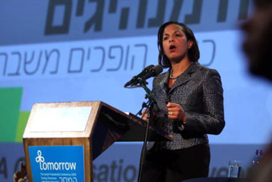 Rice speaking at Peres’s ‘Facing Tomorrow’ conference yesterday.(Gali Tibbon/AFP/Getty Images)