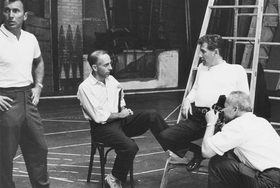 Arthur Laurents, Jerome Robbins, and Leonard Bernstein being photographed during rehearsal for West Side Story, 1957. (Friedman-Abeles/©The New York Public Library)