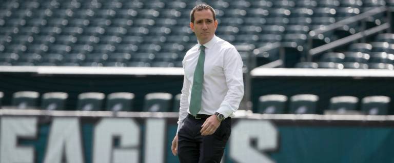 General manager Howie Roseman of the Philadelphia Eagles walks on the field prior to the game against the Cleveland Browns at Lincoln Financial Field on September 11, 2016 in Philadelphia, Pennsylvania. The Eagles defeated the Browns 29-10.