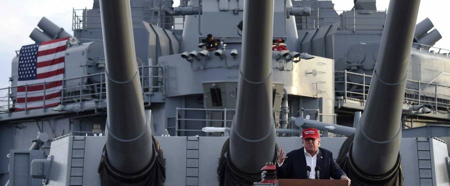 Donald Trump gives a national security speech aboard the World War II Battleship USS Iowa, September 15, 2015, in San Pedro, California. 