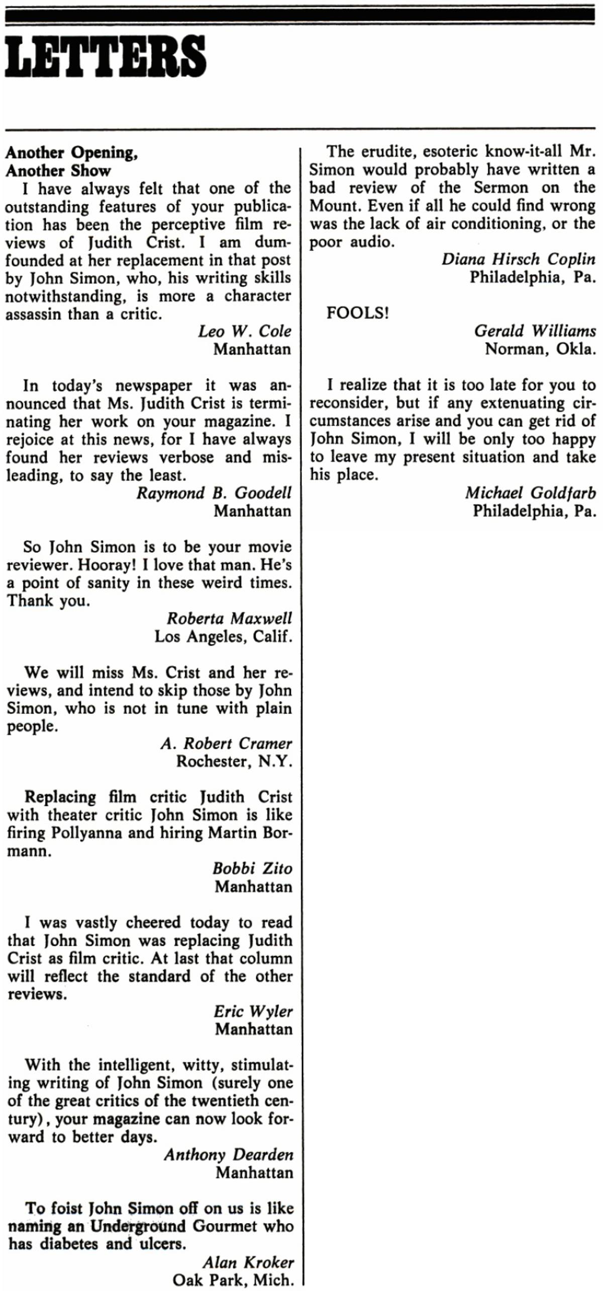 Readers react to the naming of John Simon as critic for New York magazine, Aug. 11, 1975