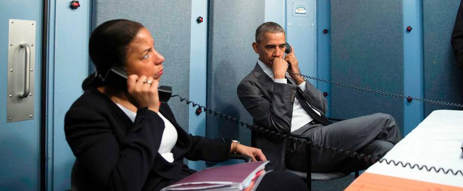 President Barack Obama and National Security Advisor Susan Rice talk on the phone with Homeland Security Advisor Lisa Monaco to receive an update on a terrorist attack in Brussels, Belgium on March 22, 2016. 