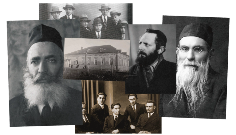 Clockwise from left: Yerucham Levovitz of Mir, Mirrer students, Mordechai Pogramansky, Naftali Zvi Finkel (the Alter of Slabodka), and Slabodka students (with Yitzhak Hutner at center)