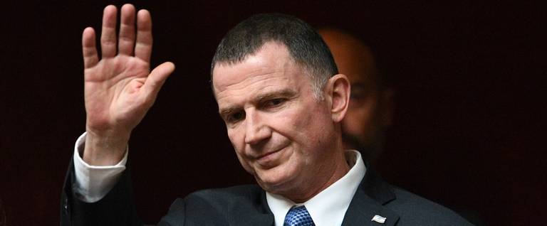 Israeli Knesset Speaker Yuli Edelstein gestures prior to attending a session of the French National Assembly in Paris, on May 16, 2018, as part of his state visit to France.