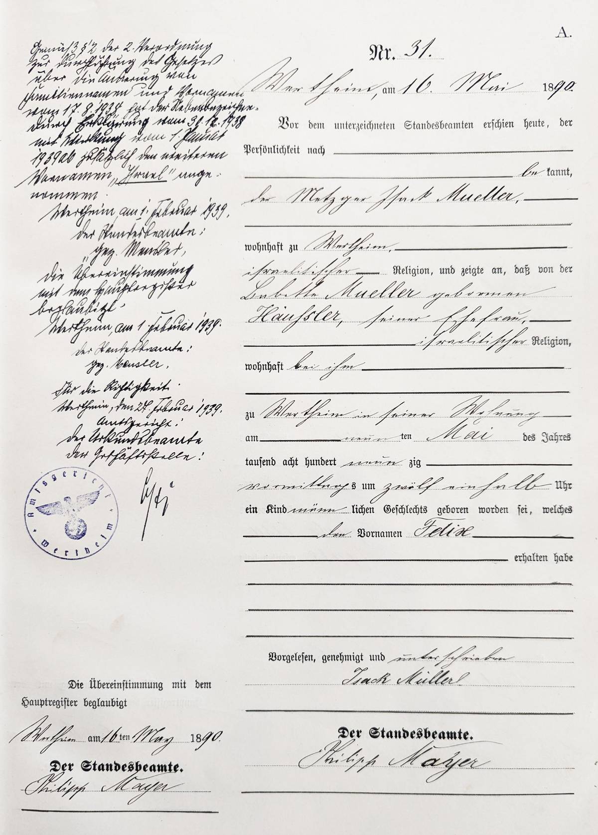 Felix Muller's birth record from Wertheim, with the ‘Israel’ amendment on the left hand side