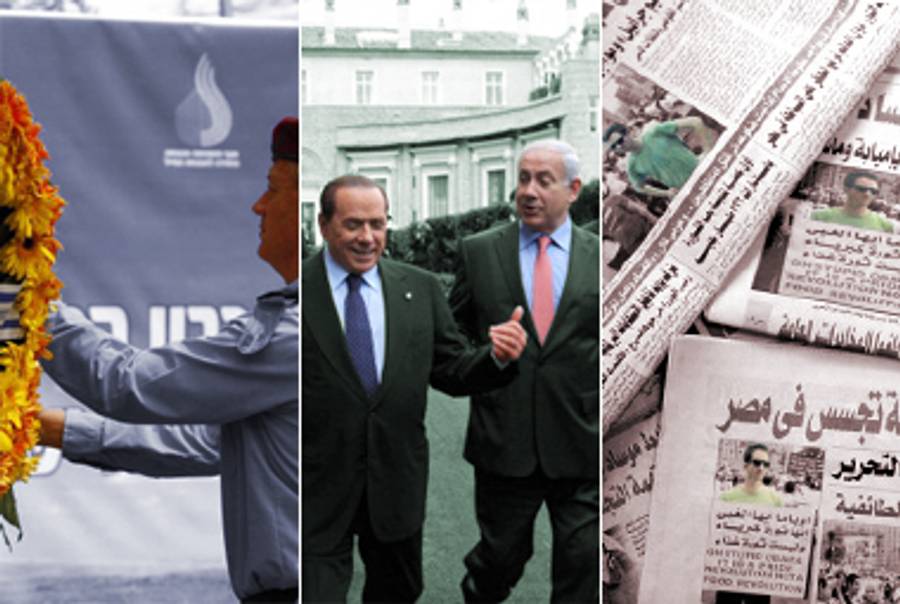 Benny Gantz at the Memorial Day ceremony in Jerusalem, May 9; Netanyahu and Berlusconi in Rome, June 13; Egyptian newspapers with pictures of Ilan Grapel, June 13.(Baz Ratner - Pool/Getty Images; Amos Ben Gershom/GPO via Getty Images; Khaled Desouki/AFP/Getty Images)