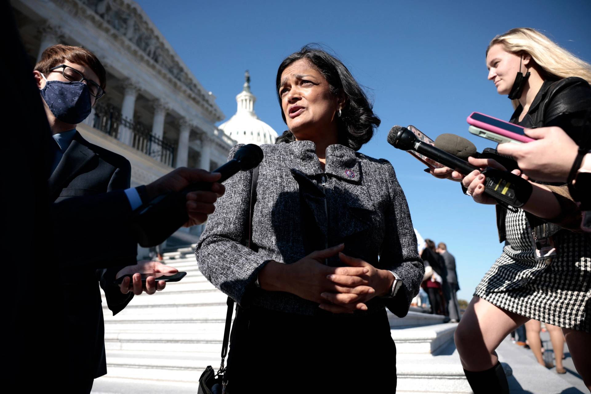 Chair of the Congressional Progressive Caucus, Rep. Pramila Jayapal, D-Wash., speaks with reporters outside the Capitol Building