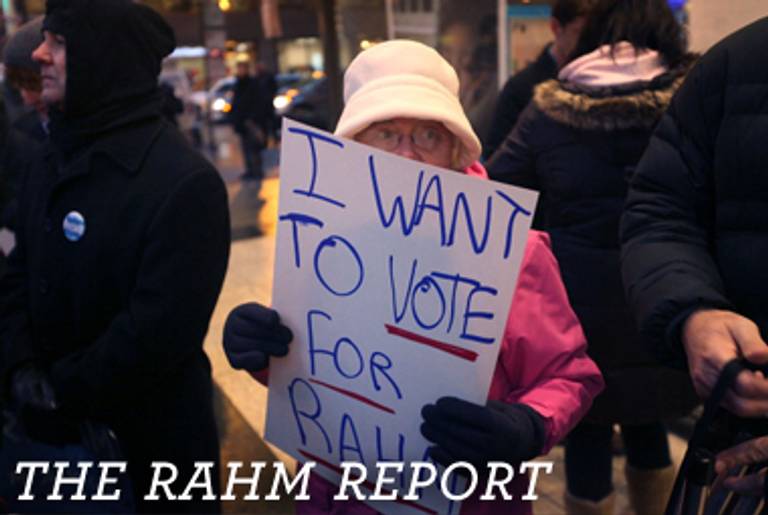 A Rahm Emanuel supporter outside the Chicago Board of Elections last week.(Scott Olson/Getty Images)