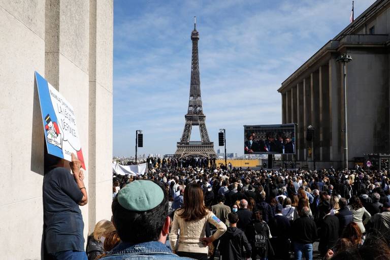 People gather to ask justice for the late Sarah Halimi on Trocadero Plaza in front of the Eiffel Tower in Paris, on April 25, 2021