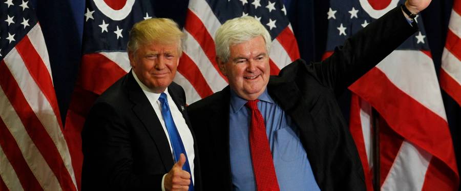 Former Speaker of the House Newt Gingrich (R) introduces Republican Presidential candidate Donald Trump during a rally at the Sharonville Convention Center in Cincinnati, Ohio, July 6, 2016. 