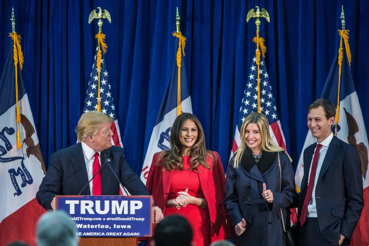 Donald Trump, his wife Melania Trump, daughter Ivanka Trump, and son-in-law Jared Kushner at a campaign rally on February 1, 2016 in Waterloo, Iowa.
