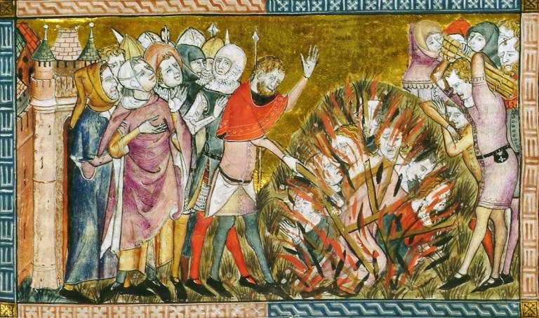 Jews being burned at the stake in 1349, miniature from a 14th-century manuscript ‘Antiquitates Flandriae’ by Gilles Li Muisis
