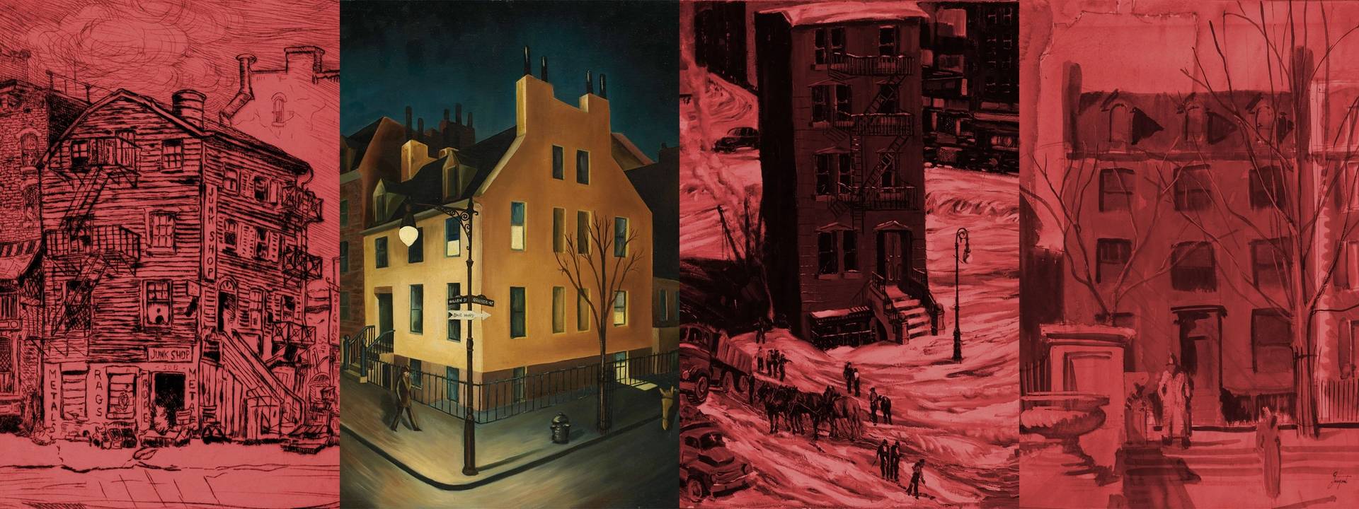 Original artworks, from left: Jerome Myers, ‘Old House on 29th St. East of 3rd Ave. N.Y.,’ undated; Adelaide Morris, ‘3:00 a.m.,’ undated; John R. Grabach, ‘The Lone House (The Empty House),’ circa 1929; Richard Sargent, ‘Red House,’ undated