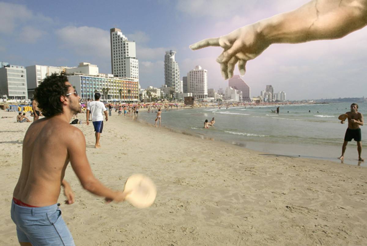 Divine intervention on the beaches of Tel Aviv.(Photoillustration Tablet Magazine; original photo Yoav Lemmer/AFP/Getty Images)