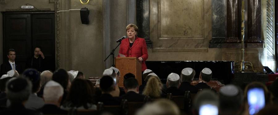German Chancellor Angela Merkel speaks during a visit to the Templo Libertad synagogue in Buenos Aires, June 8, 2017.