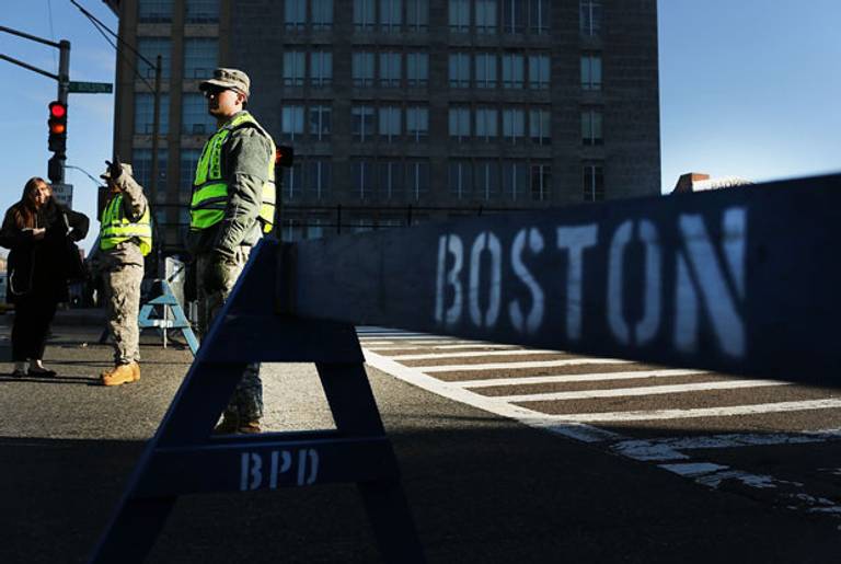 National Guard soldiers at a roadblock in downtown Boston today.(Spencer Platt/Getty Images)