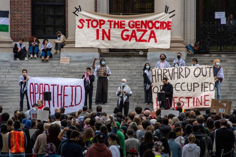 Supporters of Palestine gather at Harvard University to show their support for Palestinians in Gaza at a rally on Oct. 14, 2023