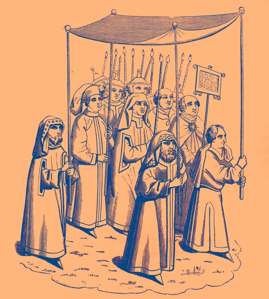 Jewish procession going to the Council of Constance in 1417 to meet the newly elected Pope Martin V, reproduced from a miniature in the chronicle of Ulrich von Richental, the historian of the council. The Jews would convoke a synod in 1418, taking gifts to Martin V to persuade him to revoke anti-Jewish laws put in place by Antipope Benedict XIII.