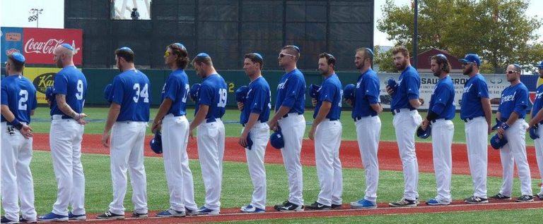 The Israeli baseball squad before Game 2 in Coney Island, Brooklyn, New York, September 23, 2016. Note the kippahs.