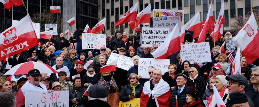 Polish Americans hold a demonstration in Manhattan against a bill recently passed by the U.S. House of Representatives that supports victims of the Holocaust and their families in the process of restitution and recovery of property, on March 31, 2019. Many Polish nationalists see the bill as a threat.