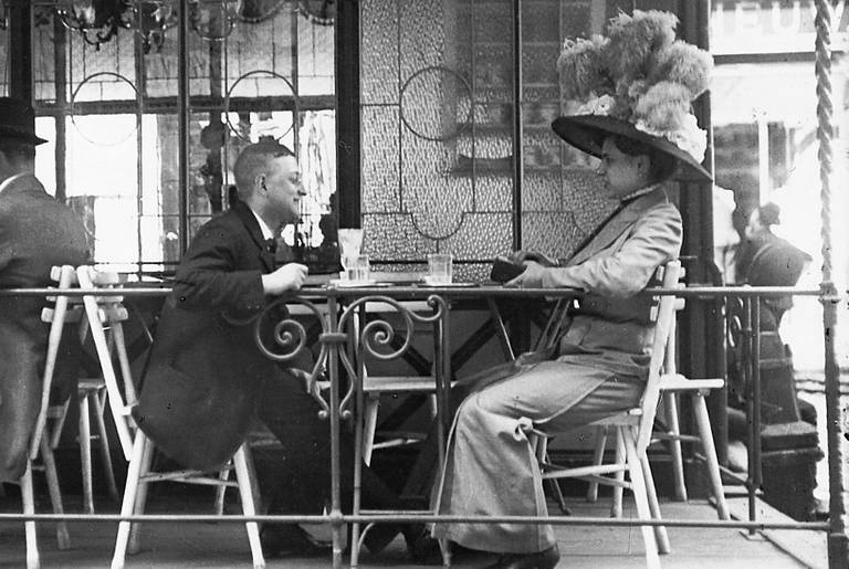 Gentleman (looking like Karl Kraus) and lady with feathered hat in Vienna, c. 1910.(Emily Mayer/Imagno/Austrian Archives/Getty Images)